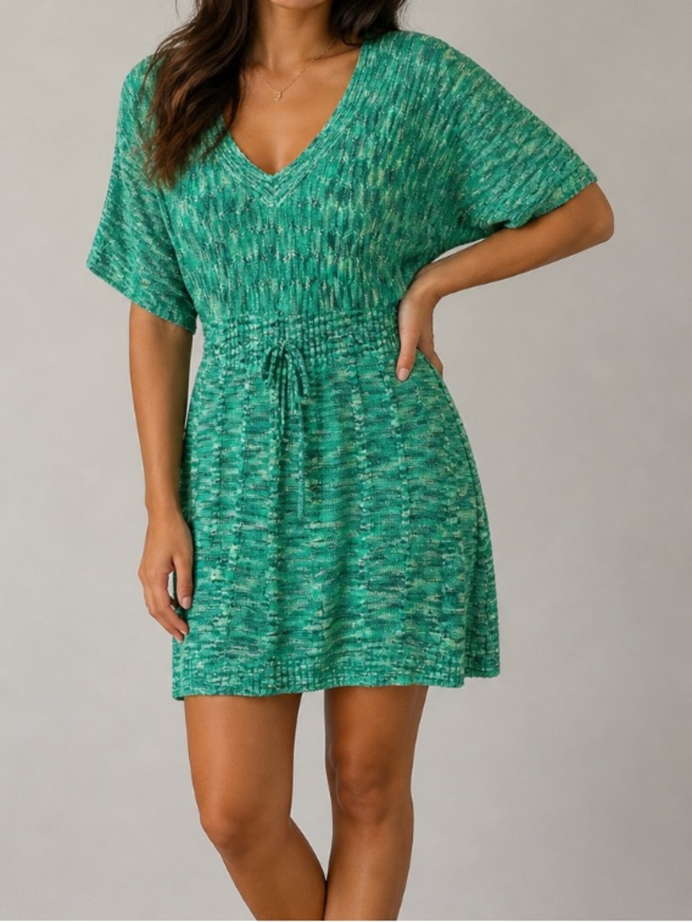 Vertigo Green heathered Crochet Knit Cinch waist batwing Beachy Boho dress XL